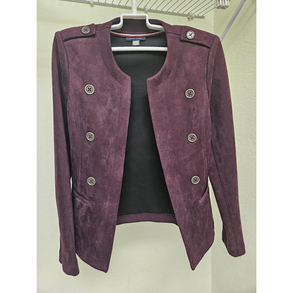 Tommy Hilfiger Women Burgundy Faux Suede Open Front Blazer Jacket Small H38J4907